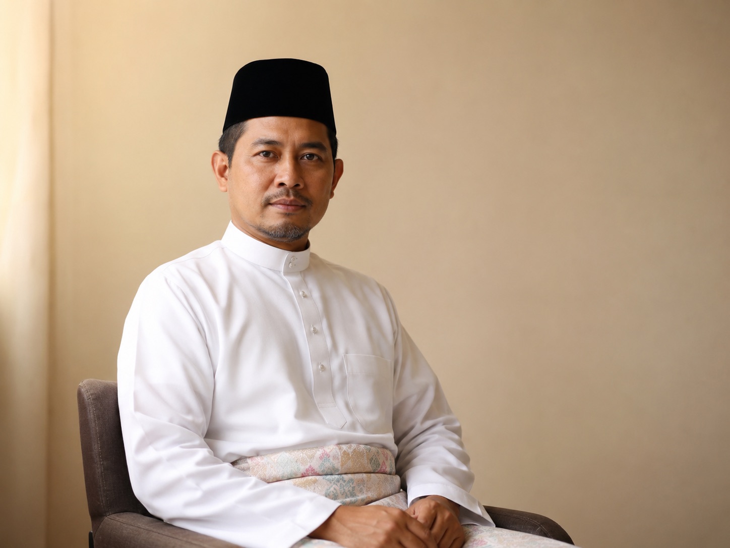 Ustaz Ahmad bin Ismail dalam baju melayu putih dan songkok