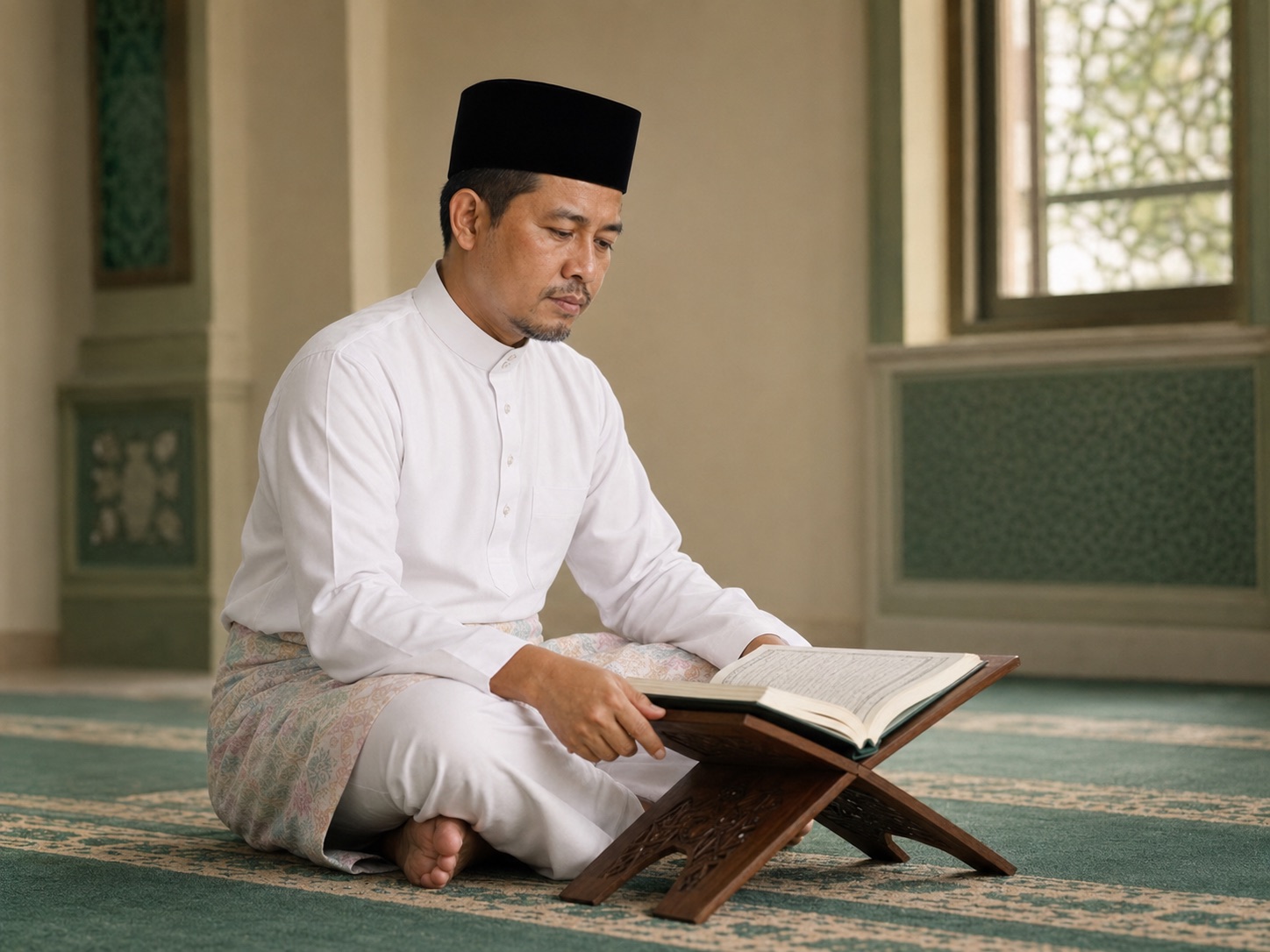 Ustaz Ahmad bin Ismail membaca al-Quran di atas rehal