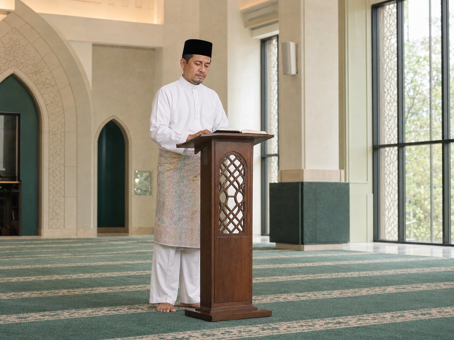 Ustaz Ahmad bin Ismail membaca di mimbar dewan masjid
